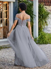 Spaghetti Straps Sheath Tulle Prom Dresses Steel Grey