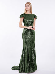 Sequins Mermaid Dresses with Sweep Train Olive Green