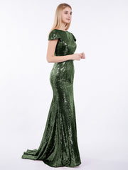 Sequins Mermaid Dresses with Sweep Train Olive Green