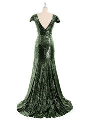 Sequins Mermaid Dresses with Sweep Train Olive Green