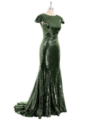 Sequins Mermaid Dresses with Sweep Train Olive Green