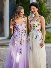 A-line Sweetheart Tea-length Tulle Flower Dress Daffodil Plus Size