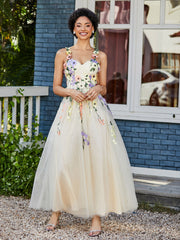 A-line Sweetheart Tea-length Tulle Flower Dress Daffodil Plus Size