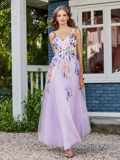 A-line Sweetheart Tea-length Tulle Flower Dress Lilac