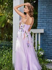 A-line Sweetheart Tea-length Tulle Flower Dress Lilac