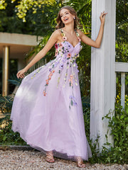 A-line Sweetheart Tea-length Tulle Flower Dress Lilac