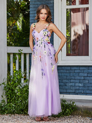 A-line Sweetheart Tea-length Tulle Flower Dress Lilac