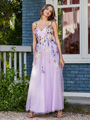 A-line Sweetheart Tea-length Tulle Flower Dress Lilac