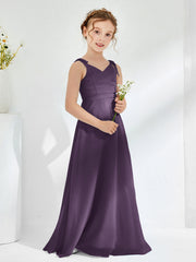 V-neck A-line Chiffon Junior Bridesmaid Dresses Plum