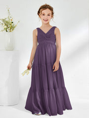 Sleeveless Ruched Junior Bridesmaid Dresses with Bow Plum