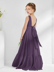 Sleeveless Ruched Junior Bridesmaid Dresses with Bow Plum