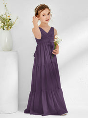 Sleeveless Ruched Junior Bridesmaid Dresses with Bow Plum
