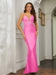 Plunging V-neck Rhinestone Decor Sheath Jersey Gown Azalea