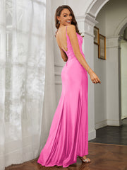 Plunging V-neck Rhinestone Decor Sheath Jersey Gown Azalea