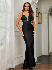 Plunging V-neck Rhinestone Decor Sheath Jersey Gown Black Plus Size