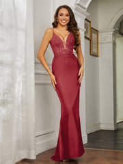 Plunging V-neck Rhinestone Decor Sheath Jersey Gown Burgundy