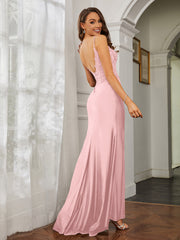 Plunging V-neck Rhinestone Decor Sheath Jersey Gown Dusty Rose