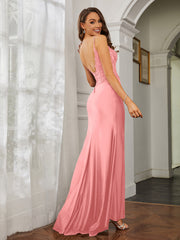 Plunging V-neck Rhinestone Decor Sheath Jersey Gown Flamingo