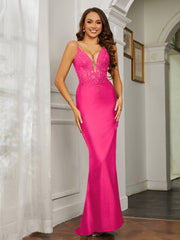 Plunging V-neck Rhinestone Decor Sheath Jersey Gown Fuchsia