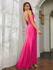Plunging V-neck Rhinestone Decor Sheath Jersey Gown Fuchsia Plus Size
