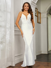 Plunging V-neck Rhinestone Decor Sheath Jersey Gown Ivory