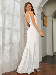 Plunging V-neck Rhinestone Decor Sheath Jersey Gown Ivory