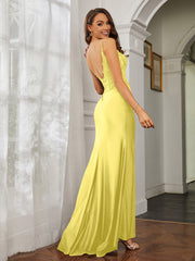 Plunging V-neck Rhinestone Decor Sheath Jersey Gown Lemon Plus Size