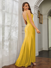 Plunging V-neck Rhinestone Decor Sheath Jersey Gown Marigold