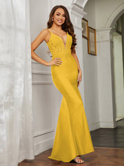 Plunging V-neck Rhinestone Decor Sheath Jersey Gown Marigold Plus Size