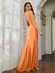 Plunging V-neck Rhinestone Decor Sheath Jersey Gown Orange Plus Size