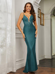 Plunging V-neck Rhinestone Decor Sheath Jersey Gown Peacock Plus Size