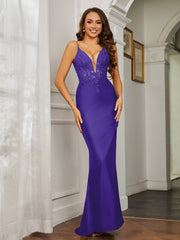 Plunging V-neck Rhinestone Decor Sheath Jersey Gown Regency