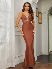 Plunging V-neck Rhinestone Decor Sheath Jersey Gown Rust Plus Size