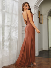 Plunging V-neck Rhinestone Decor Sheath Jersey Gown Rust Plus Size