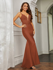 Plunging V-neck Rhinestone Decor Sheath Jersey Gown Rust Plus Size
