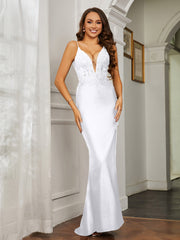 Plunging V-neck Rhinestone Decor Sheath Jersey Gown White