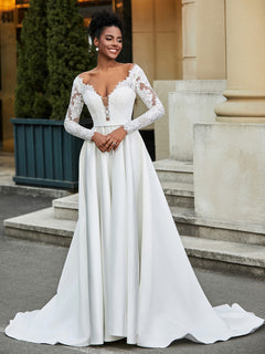 Backless Long Sleeve Wedding Dress With Button Ivory