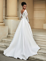 Backless Long Sleeve Wedding Dress With Button Ivory