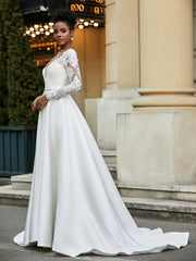 Backless Long Sleeve Wedding Dress With Button Ivory/Champagne