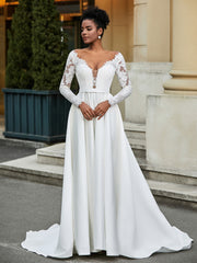 Backless Long Sleeve Wedding Dress With Button Ivory