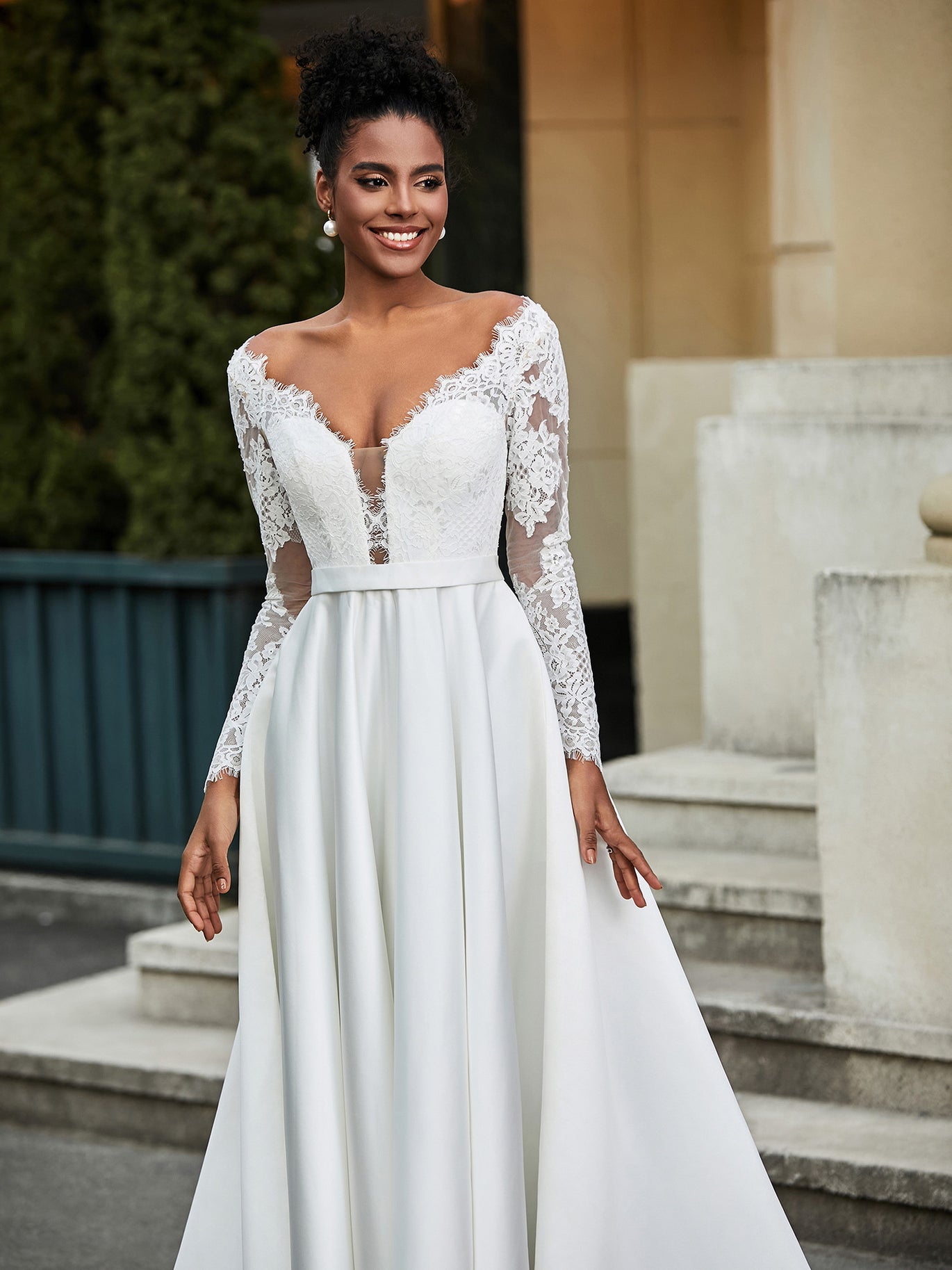 BABARONI Satin Ivory Wedding Dresses A-line Plunging V-Neck Sweep/Brush  Train Long Sleeve  BABARONI UK