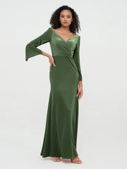V-neckline Velvet Max Dresses with Long Sleeves Olive Green