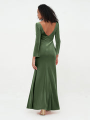 V-neckline Velvet Max Dresses with Long Sleeves Olive Green