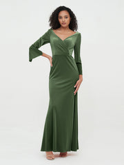 V-neckline Velvet Max Dresses with Long Sleeves Olive Green