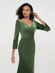 V-neckline Velvet Max Dresses with Long Sleeves Olive Green