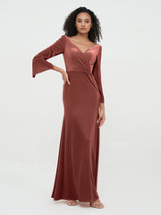 V-neckline Velvet Max Dresses with Long Sleeves Terracotta