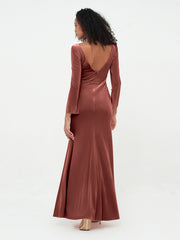 V-neckline Velvet Max Dresses with Long Sleeves Terracotta