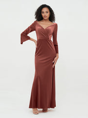 V-neckline Velvet Max Dresses with Long Sleeves Terracotta