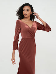 V-neckline Velvet Max Dresses with Long Sleeves Terracotta