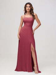 A-Line Square Chiffon Dress With Slit Cinnamon Rose